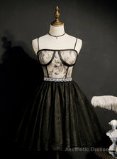 Black Tulle Lace Spaghetti Straps Crystal Homecoming Dress
